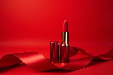 Crimson hues envelop the scene as a striking red lipstick stands poised beside a flowing ribbon. The interplay of colors evokes sophistication, capturing the essence of glamour