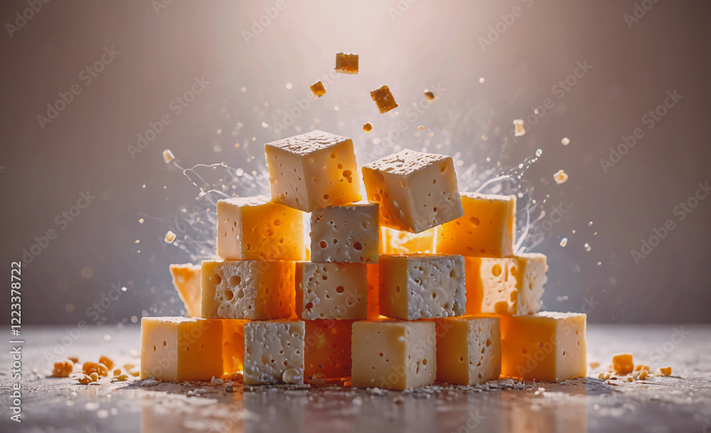 Poster a pile of cheese blocks with a splash of white foam. concept of chaos and destruction, as the cheese