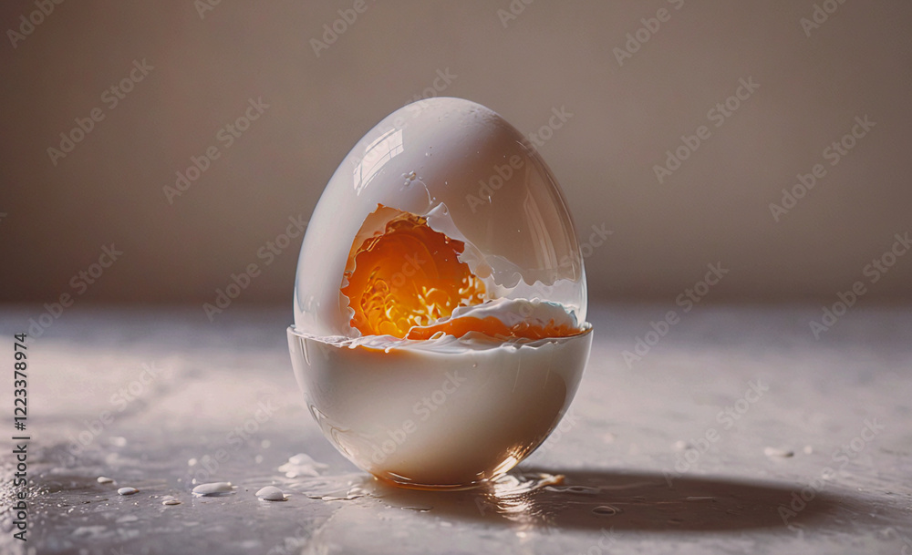 Poster a cracked egg is sitting on a table. the egg is surrounded by a clear liquid, which is likely milk. 
