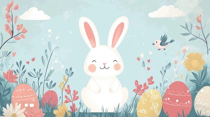 Happy Easter card with cute bunny, eggs, birds and flowers elements, vector illustration