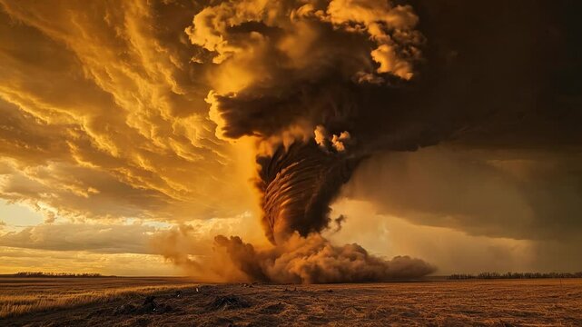 Dramatic sunset illuminates a powerful swirling dust devil over a dry landscape.  Golden and dark brown hues dominate the scene, with intense light and shadow