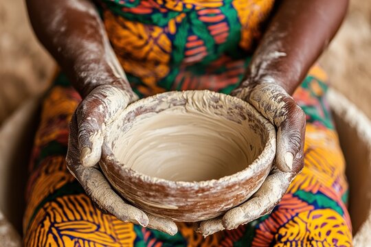 A person holds a handcrafted pottery bowl, showcasing intricate textures and earthy colors, highlighting traditional craft skills.