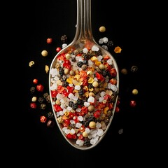 Pepper in a spoon. Colored pepper, sea salt, ground pepper, chili pepper. Top view. On a black background.