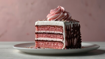 Delicious Pink Strawberry and Chocolate Cake with White Buttercream Frosting on a White Plate