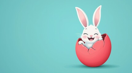 Obraz premium Smilling cartoon Easter bunny in side cracked red easter egg, light blue background 