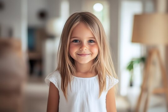 smiling young 6 year old girl in white dress standing at home