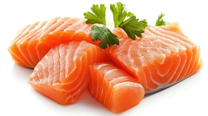 Fresh Salmon Slices with Green Herb Garnish on White Background