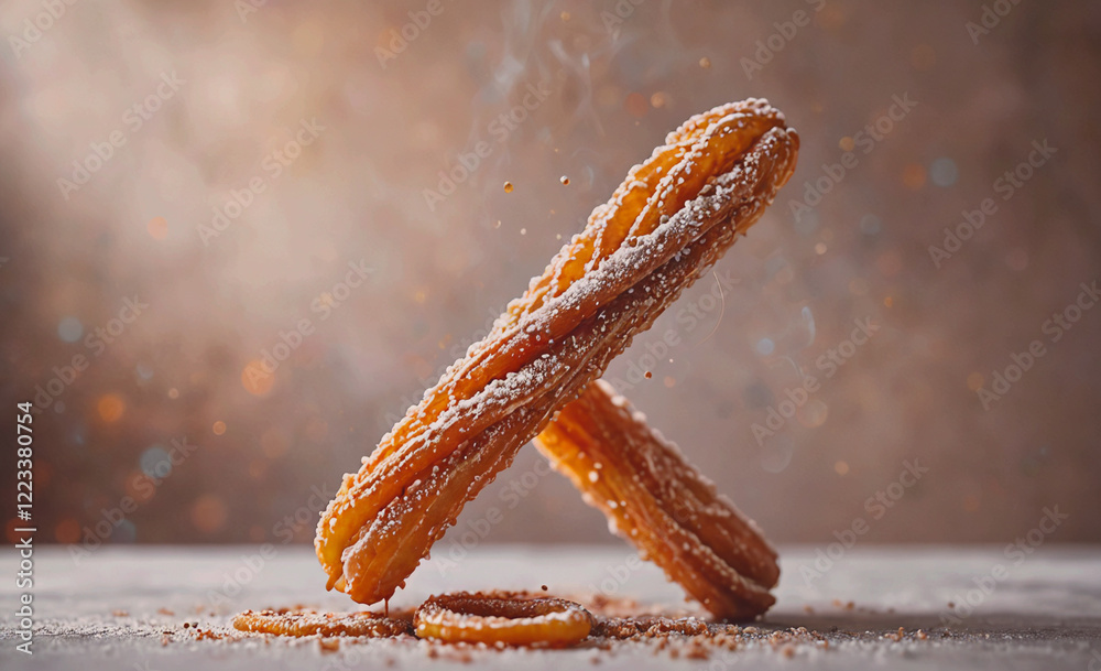 Poster Two churros with powdered sugar on top. The churros are on a table and one of them is upside down