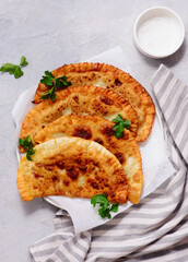 Chebureki  on white plate.style hugge. top veiw