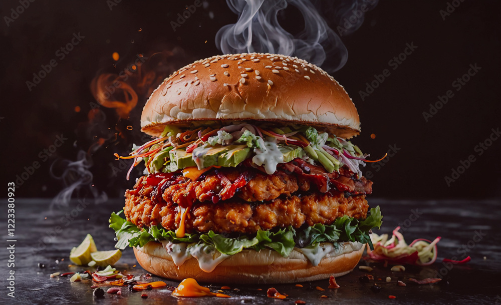 Aufkleber a large burger with lots of toppings, including lettuce, avocado, and bacon. the burger is sitting o