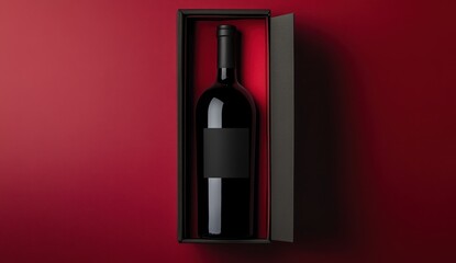 Red wine bottle in black gift box on red background.