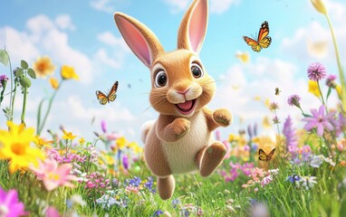 Fototapeta premium 3D icon cartoon rabbit hopping through a meadow with colorful wildflowers and butterflies