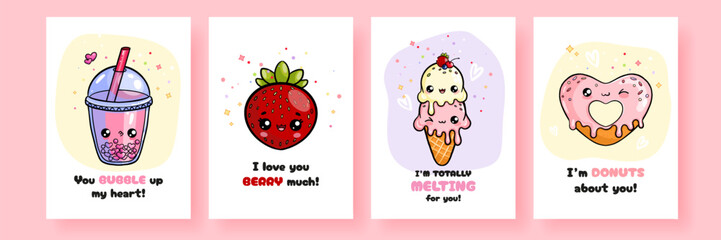 Obraz premium Set of cute card with hand drawn heart shaped donut, bubble tee, strawberry, ice cream characters and funny inscription. Vector template for Valentine's Day celebration, print, poster