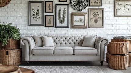 Obraz premium A farmhouse living room designed with vintage accents like an iron-framed gallery wall