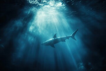 Obraz premium ethereal underwater scene of great white shark emerging from misty blue depths, rays of sunlight creating dramatic god rays through crystal clear water