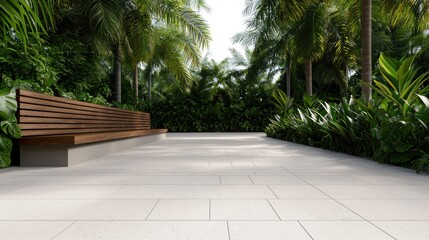 Obraz premium A serene outdoor space featuring a wooden bench surrounded by lush greenery and tropical plants, perfect for relaxation and tranquility.