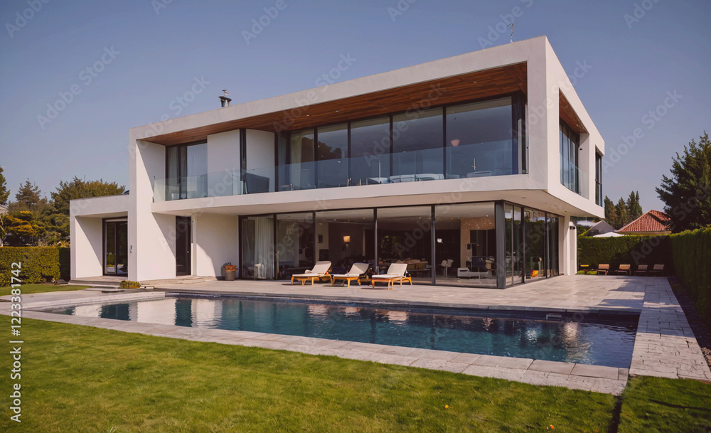 Aufkleber a large white house with a pool and a patio. the house is surrounded by trees and bushes