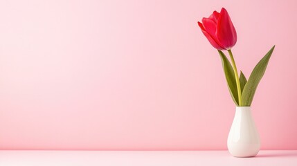 Red Tulip In White Vase On A Pastel Pink Background