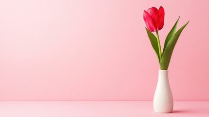 Fototapeta premium Charming Tulip In Vase With Soft Pastel Pink Wall.