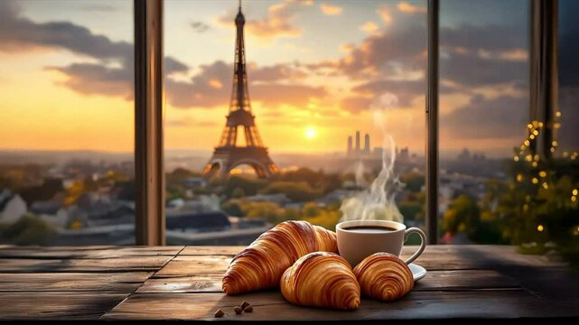 Fresh croissants and hot coffee in front of the Eiffeltower in Paris