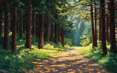 Obraz premium A peaceful forest path lined with tall pine trees and dappled sunlight filtering through the canopy