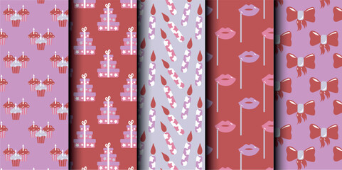 Set of birthday vector seamless pattern. Happy Birthday. Birthday symbols background. Bright colorful seamless birthday pattern with cakes, gifts and party symbols. Modern purple and red design.