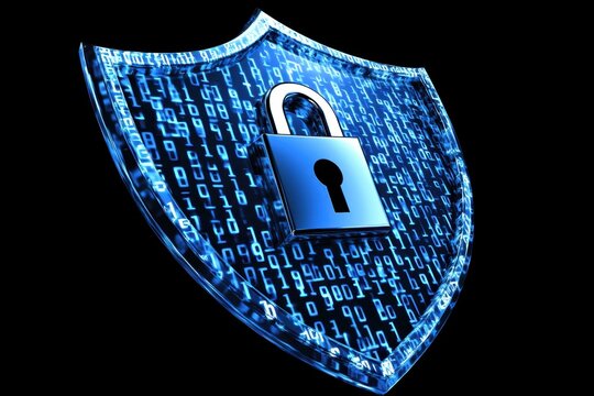 A shield with an open lock icon on it, surrounded by binary code in blue tones The background is dark, and the front view of the logo features cybersecurity elements such as numbers Generative AI