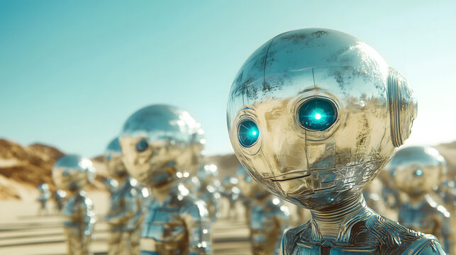 Futuristic Robot Army in Desert with Reflective Metallic Design