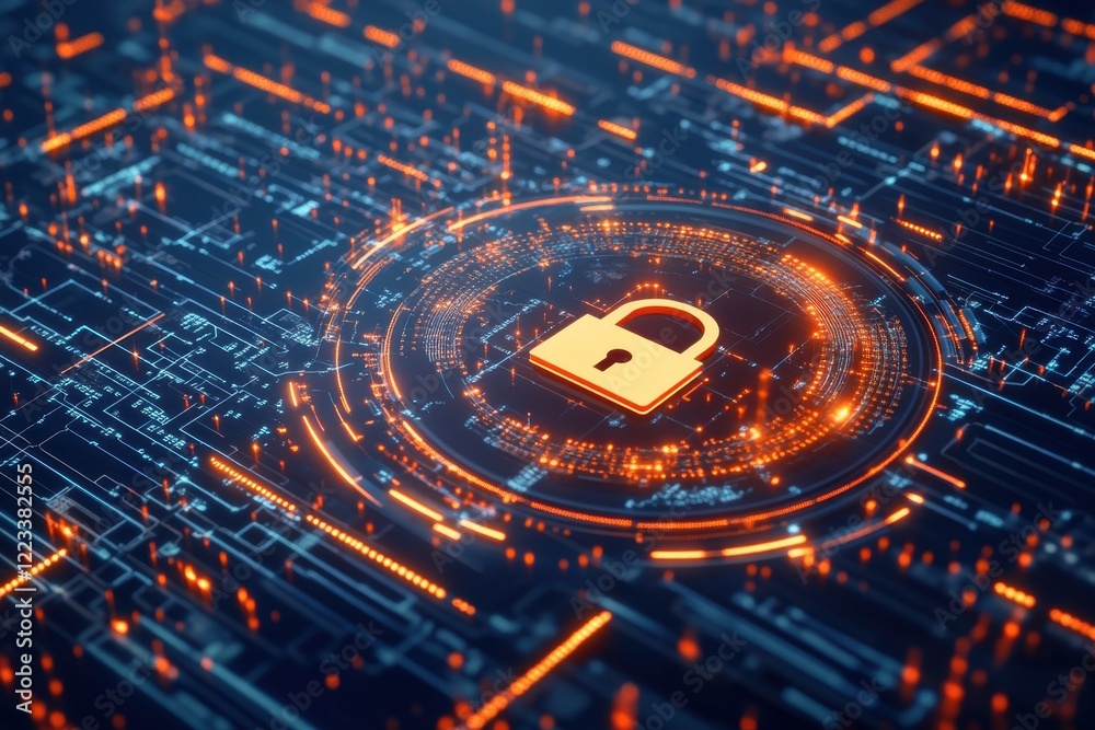 Poster a digital shield with an open padlock icon, set against a binary code background, symbolizing securi