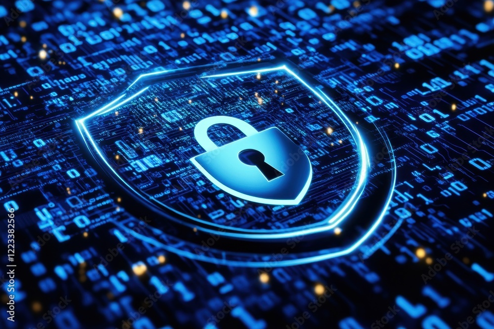 Poster a digital shield with an open padlock icon, surrounded by binary code on a dark blue background, sym