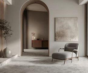 Aesthetic elegant minimalist modern interior design. Clear mock up empty wall for decoration in the apartment. Copy space in the room. 