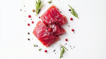 Fresh Raw Tuna Steak Surrounded by Spices and Herbs on White Background