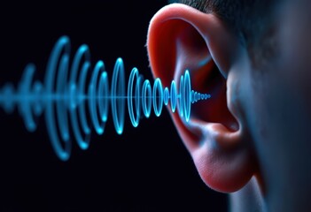 Close-up of human ear with sound waves. Hearing concept for health, technology, music, and science education. Use for awareness campaigns, presentations, and medical brochures.