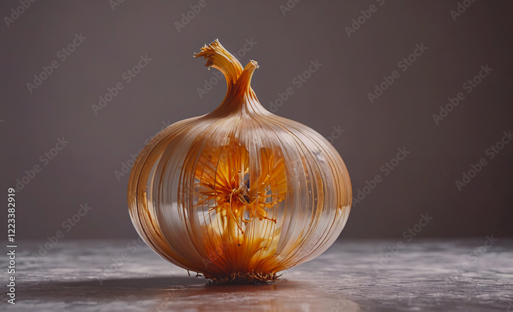 Poster A peeled onion is sitting on a table. The onion is cut in half and the stem is still attached. The onion is placed on a table with a grey background