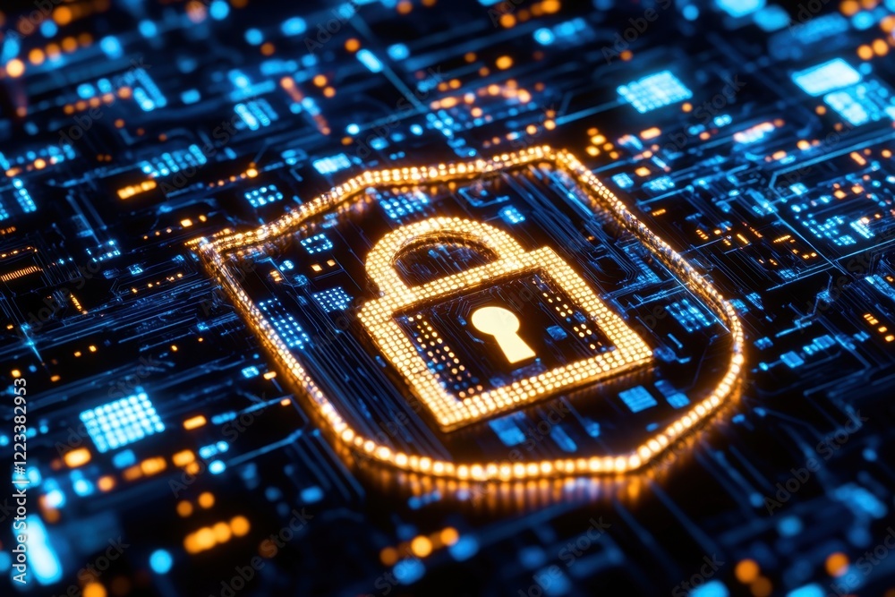 Poster a digital shield with an icon of a lock, surrounded by binary code, representing data protection and