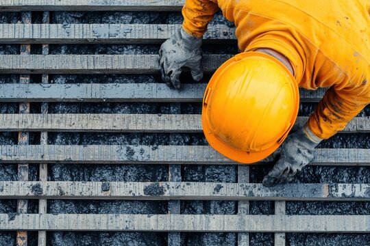 A construction worker in an orange shirt and yellow hard hat is positioned above concrete reinforcement bars, focused on their task.