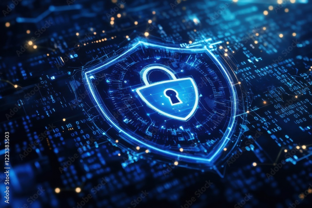 Poster a digital shield with a padlock icon on a blue binary code background, symbolizing data security and