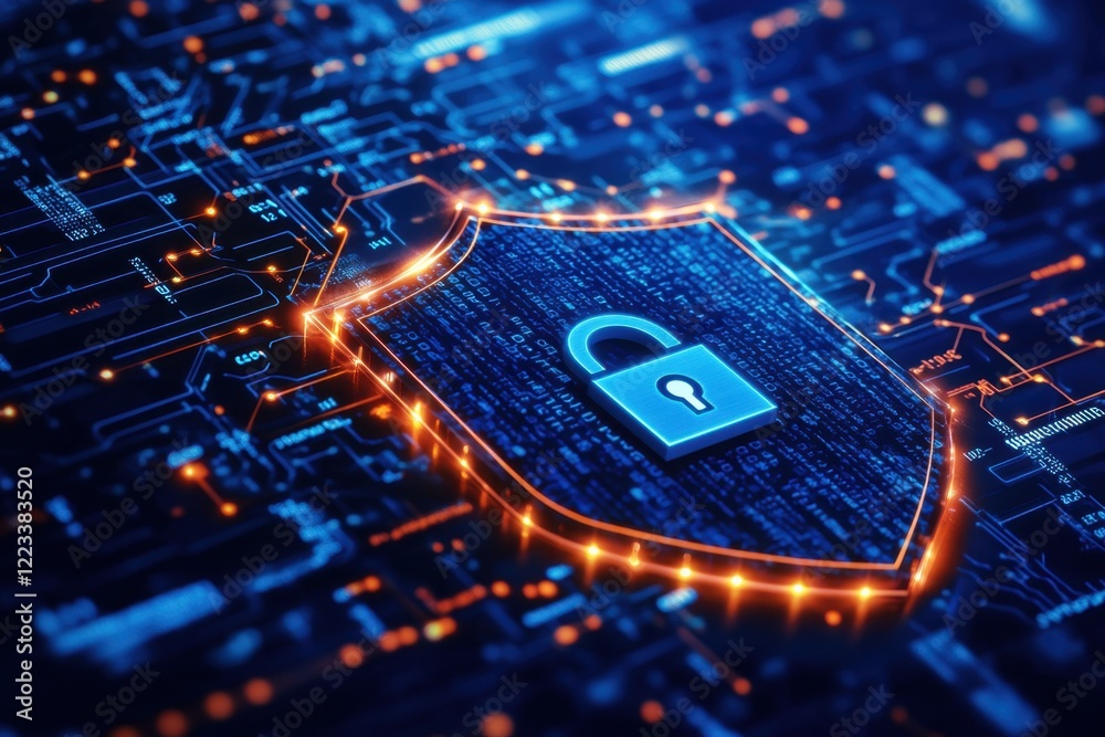 Poster a digital shield with an open padlock icon, surrounded by binary code on a dark blue background, sym
