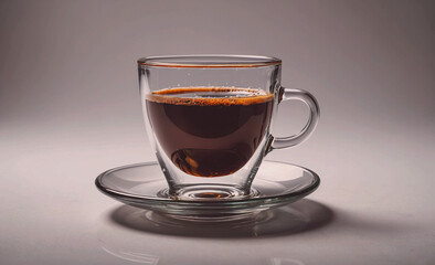 A cup of coffee is sitting on a saucer. The coffee is dark and the cup is clear