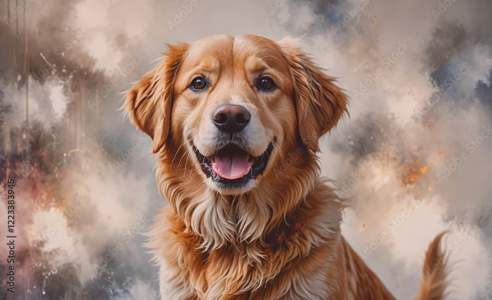 Poster a golden retriever is smiling and looking at the camera. the image has a warm and friendly mood, wit