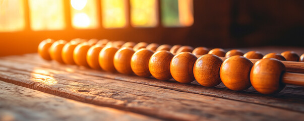 Wooden abacus on rustic table at sunset with warm lighting