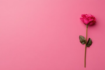Bright Pink Rose With Lush Green Leaf On Pink Scene