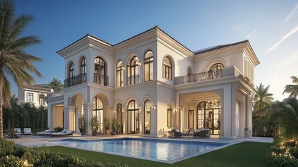 Obraz premium Luxury Mediterranean Villa with Elegant Poolside Oasis and Lush Gardens
