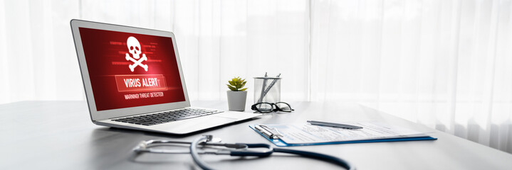 Virus warning alert on computer screen detected brisk cyber threat , hacker, computer virus and malware