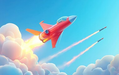 Obraz premium Realistic 3D icon cartoon of a fighter jet flying in the sky, with missile trails in the distance