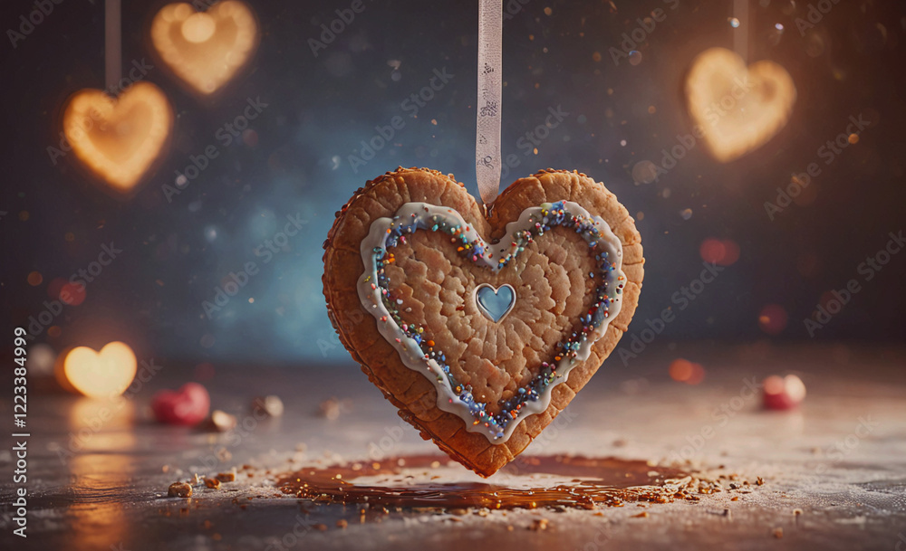 Aufkleber a heart-shaped cookie hanging from a string. the cookie is decorated with sprinkles and icing