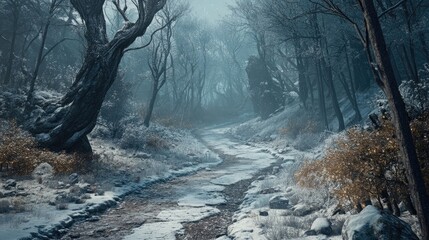Obraz premium A photo of a winter forest with a winding path leading deeper into the woods, inviting the viewer to explore.