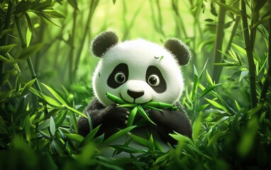 Fototapeta premium Realistic 3D icon cartoon of a panda eating bamboo, surrounded by a lush bamboo forest