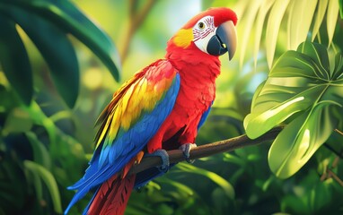 Realistic 3D icon cartoon of a parrot with vibrant feathers, perched on a branch in a tropical jungle