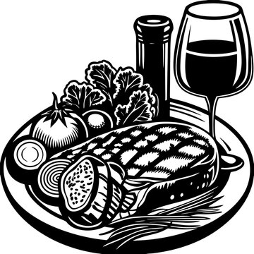black and white steak dinner with wine clip art preview